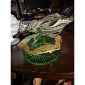 Vintage Green Glass Covered Divided Bowl With Lid Featuring Gold Band
